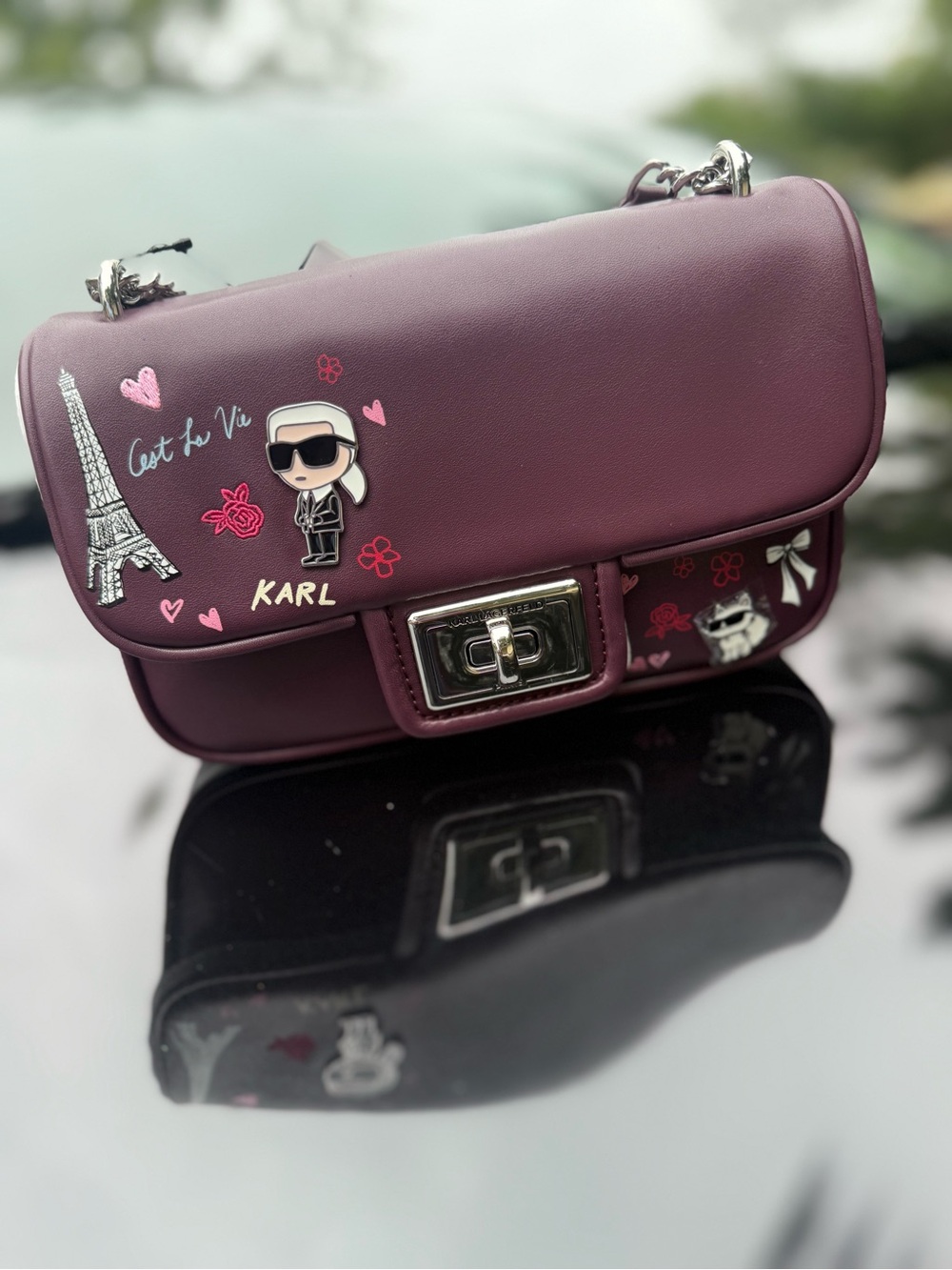 Karl Lagerfeld Plum Crossbody Bag with Parisian Motifs